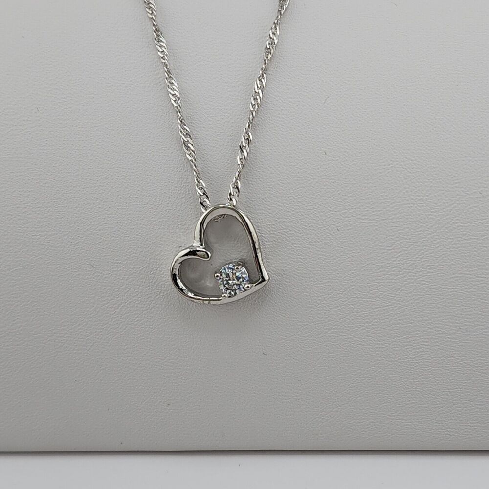 Sterling Silver Plated CZ Heart Pendant, Sterling Silver Chain Necklace 18" - Picture 2 of 7